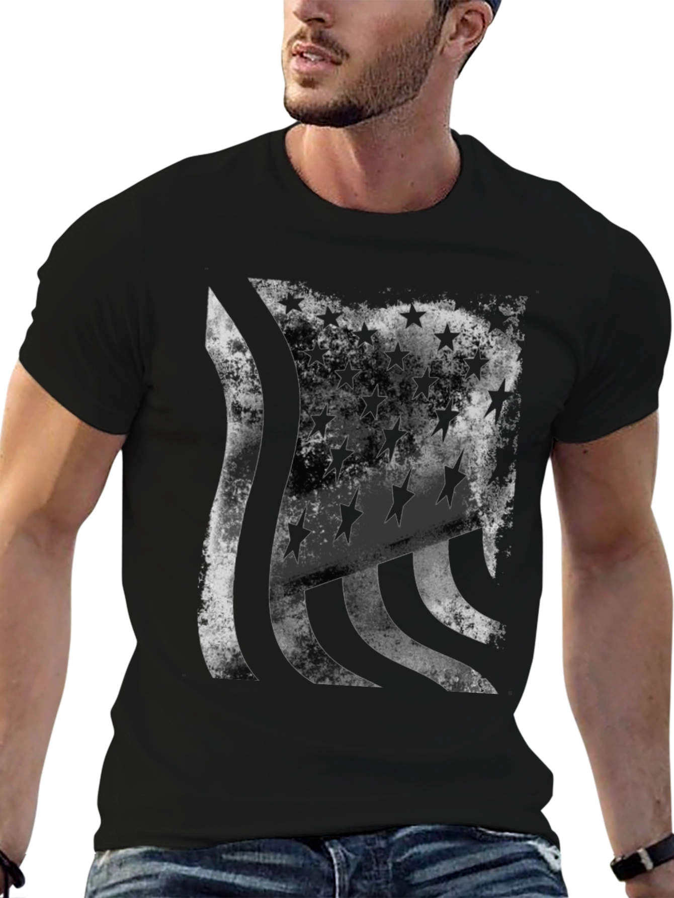 Distressed American Flag Graphic Tee - Black