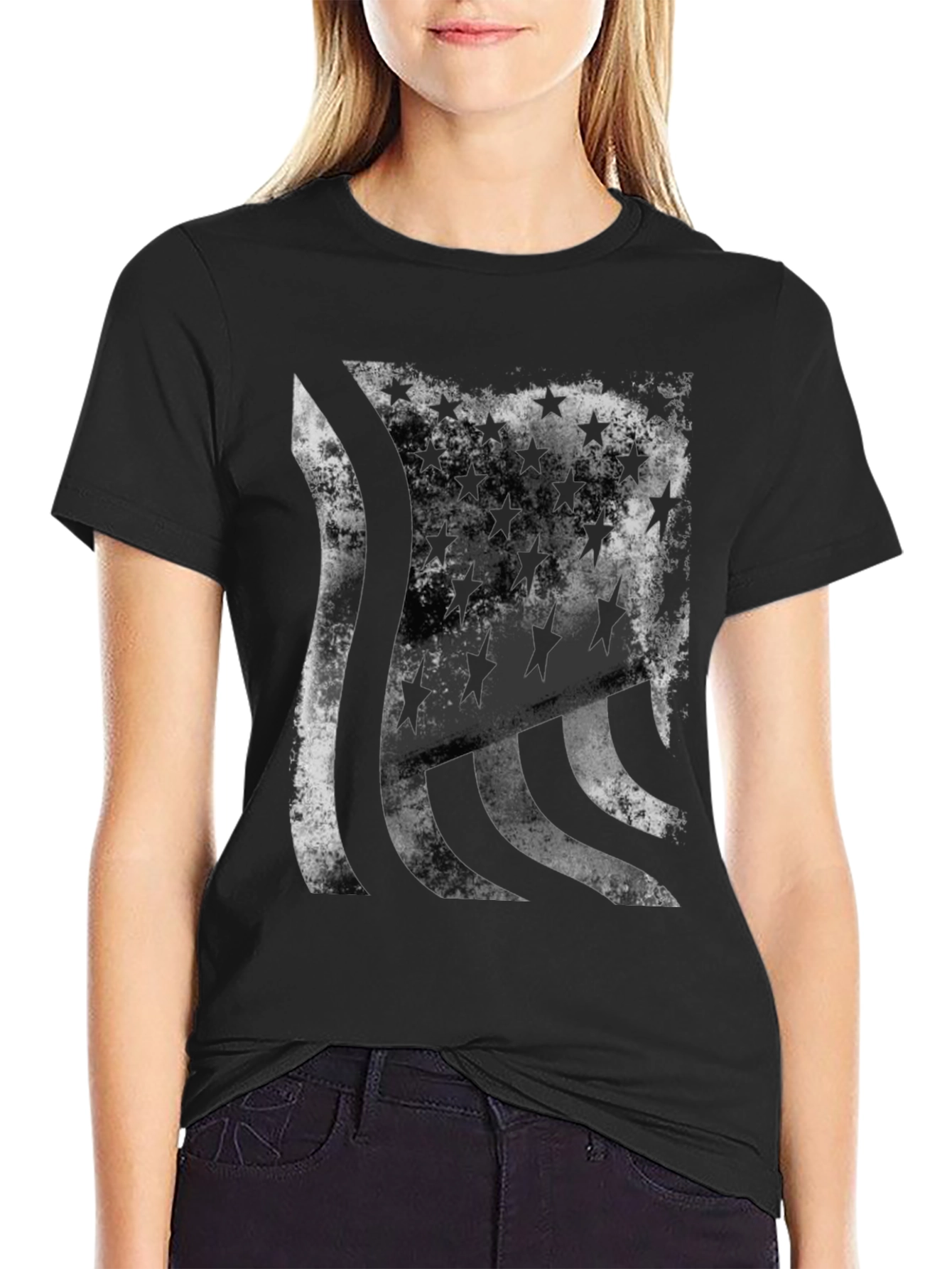 Distressed American Flag Graphic Tee - Black