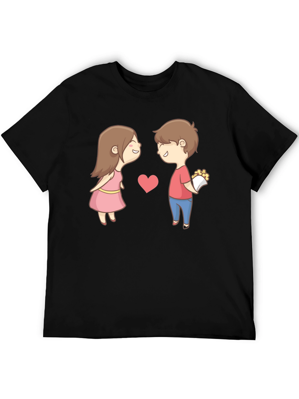 Cute Cartoon Couple Graphic Tee - Black