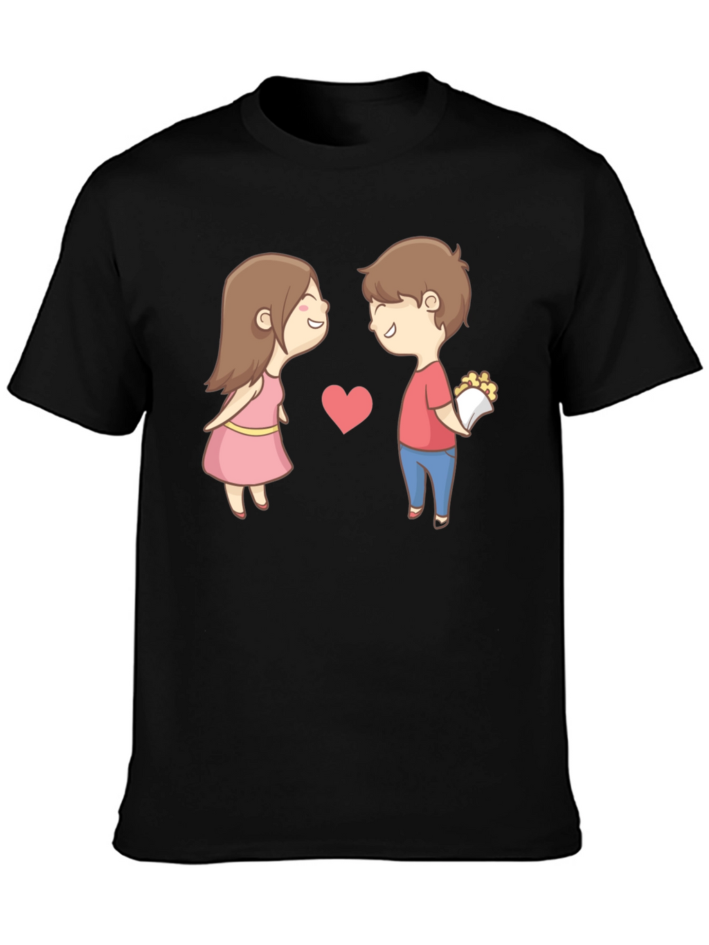 Cute Cartoon Couple Graphic Tee - Black