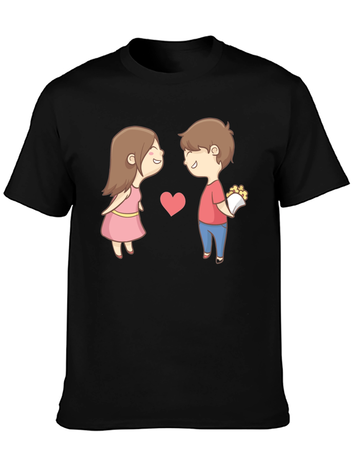 Cute Cartoon Couple Graphic Tee - Black