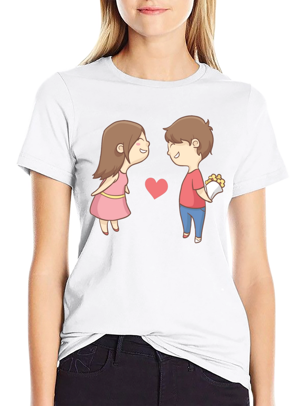 Cute Cartoon Couple Graphic Tee - Black