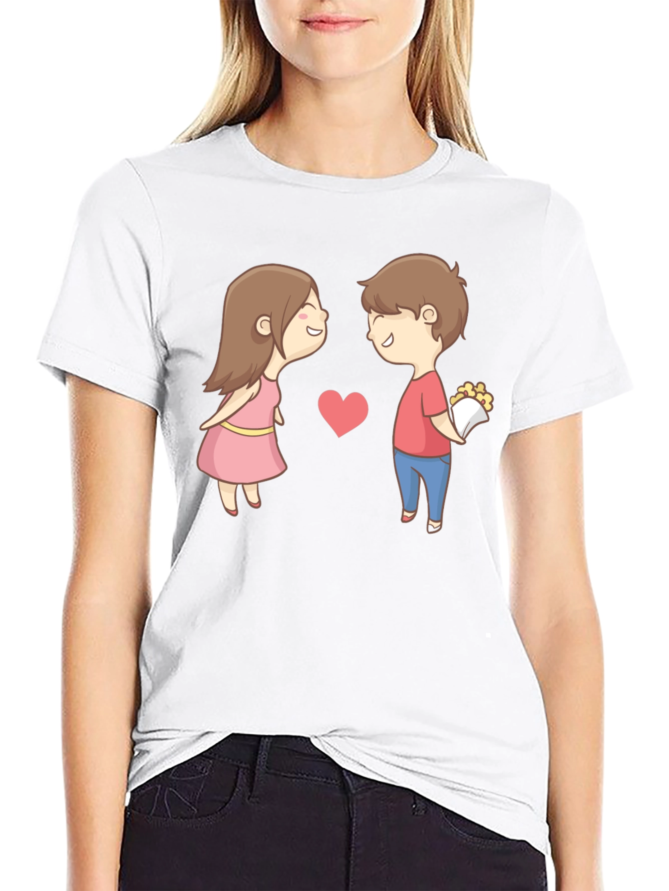 Cute Cartoon Couple Graphic Tee - Black