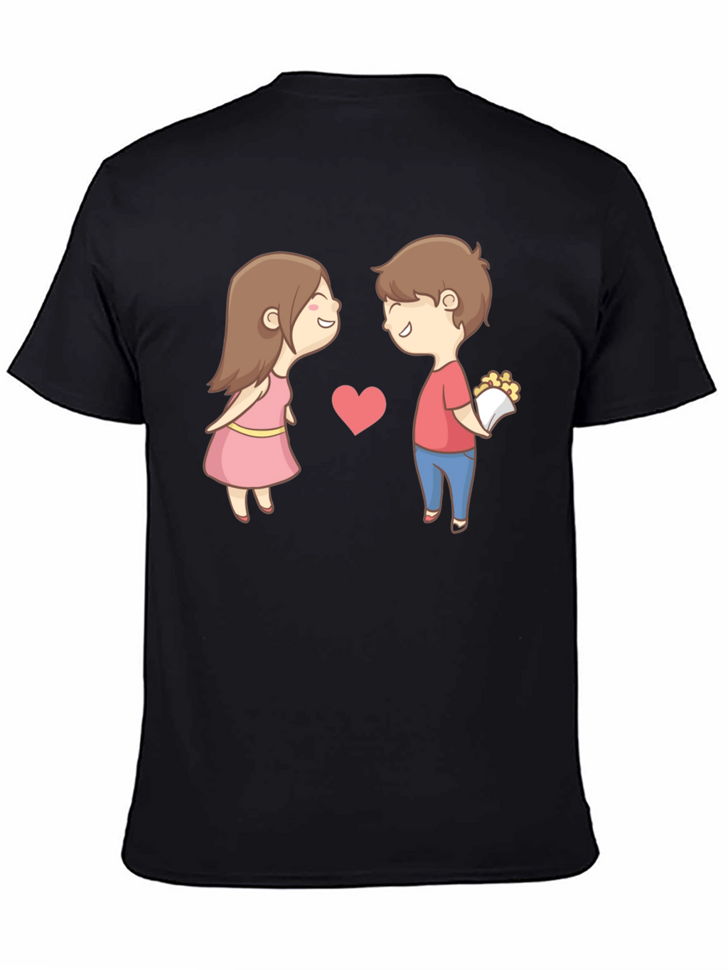 Cute Cartoon Couple Graphic Tee - Black