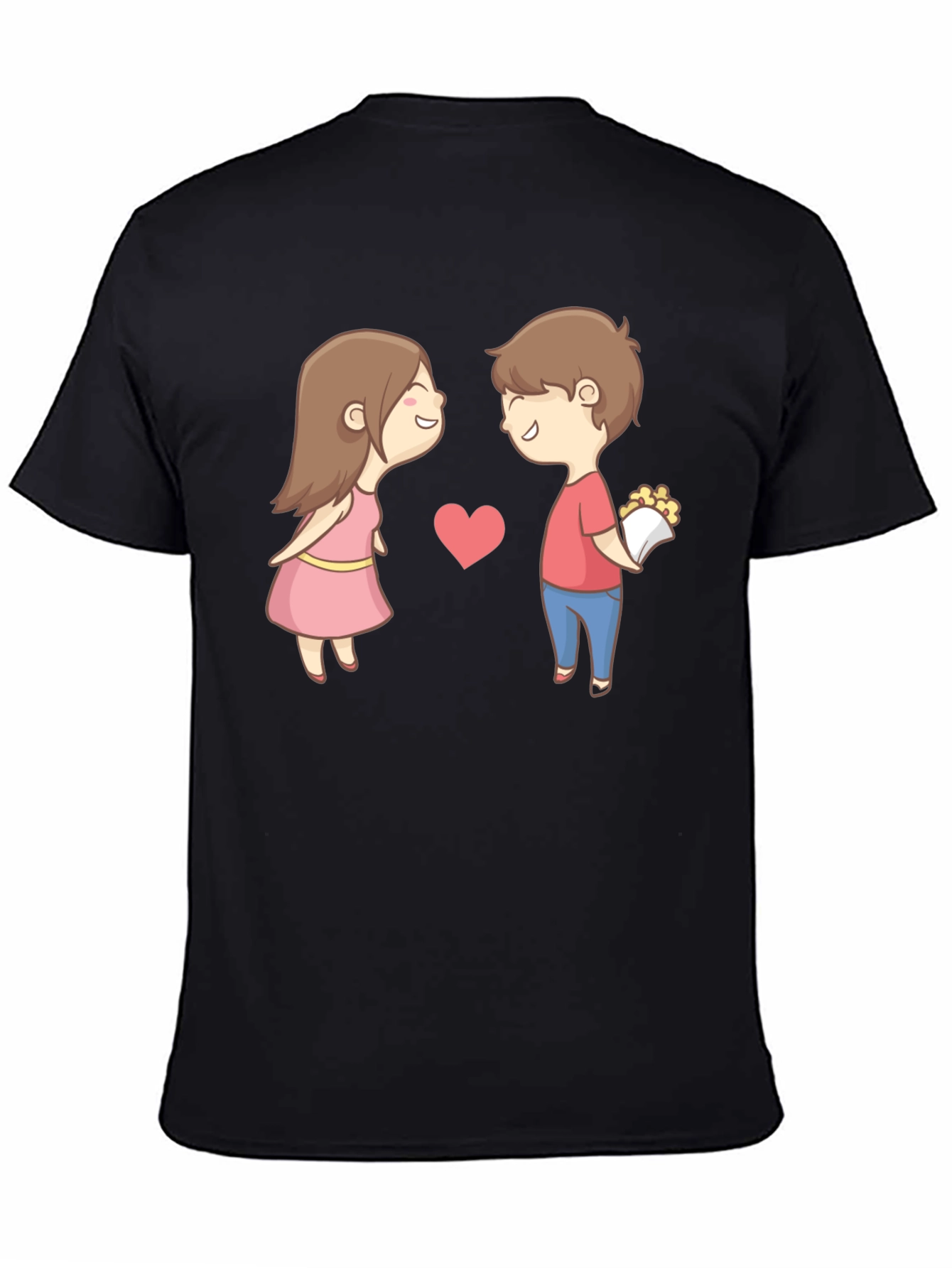 Cute Cartoon Couple Graphic Tee - Black