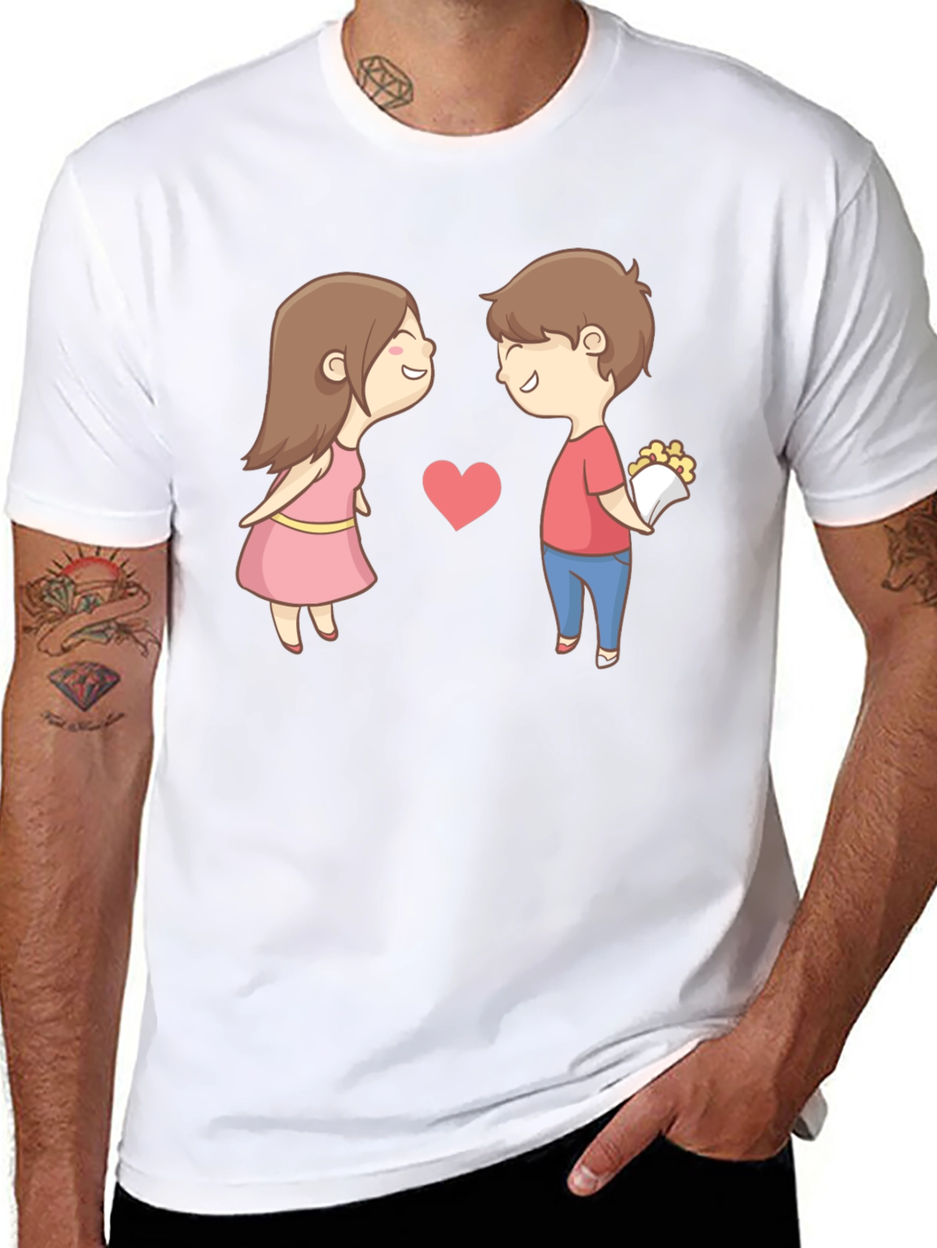 Cute Cartoon Couple Graphic Tee - Black