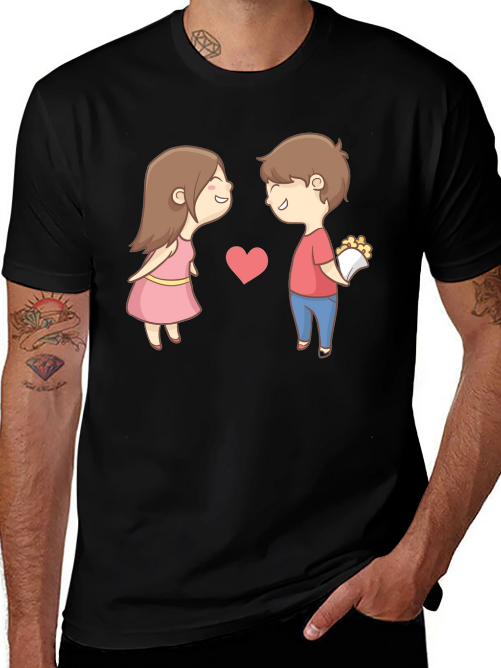 Cute Cartoon Couple Graphic Tee - Black