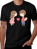 Cute Cartoon Couple Graphic Tee - Black