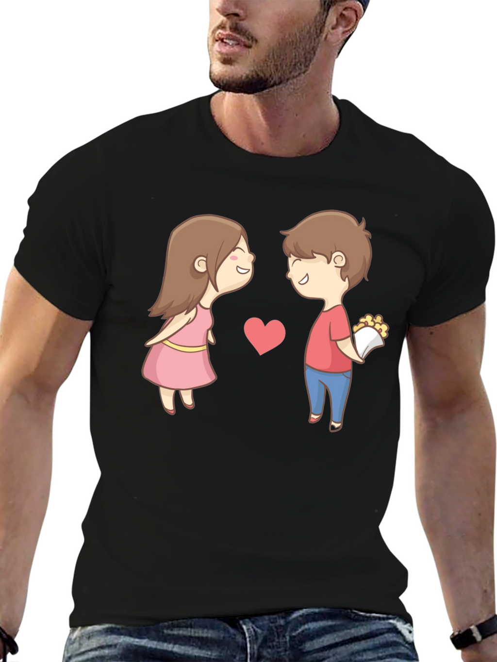Cute Cartoon Couple Graphic Tee - Black