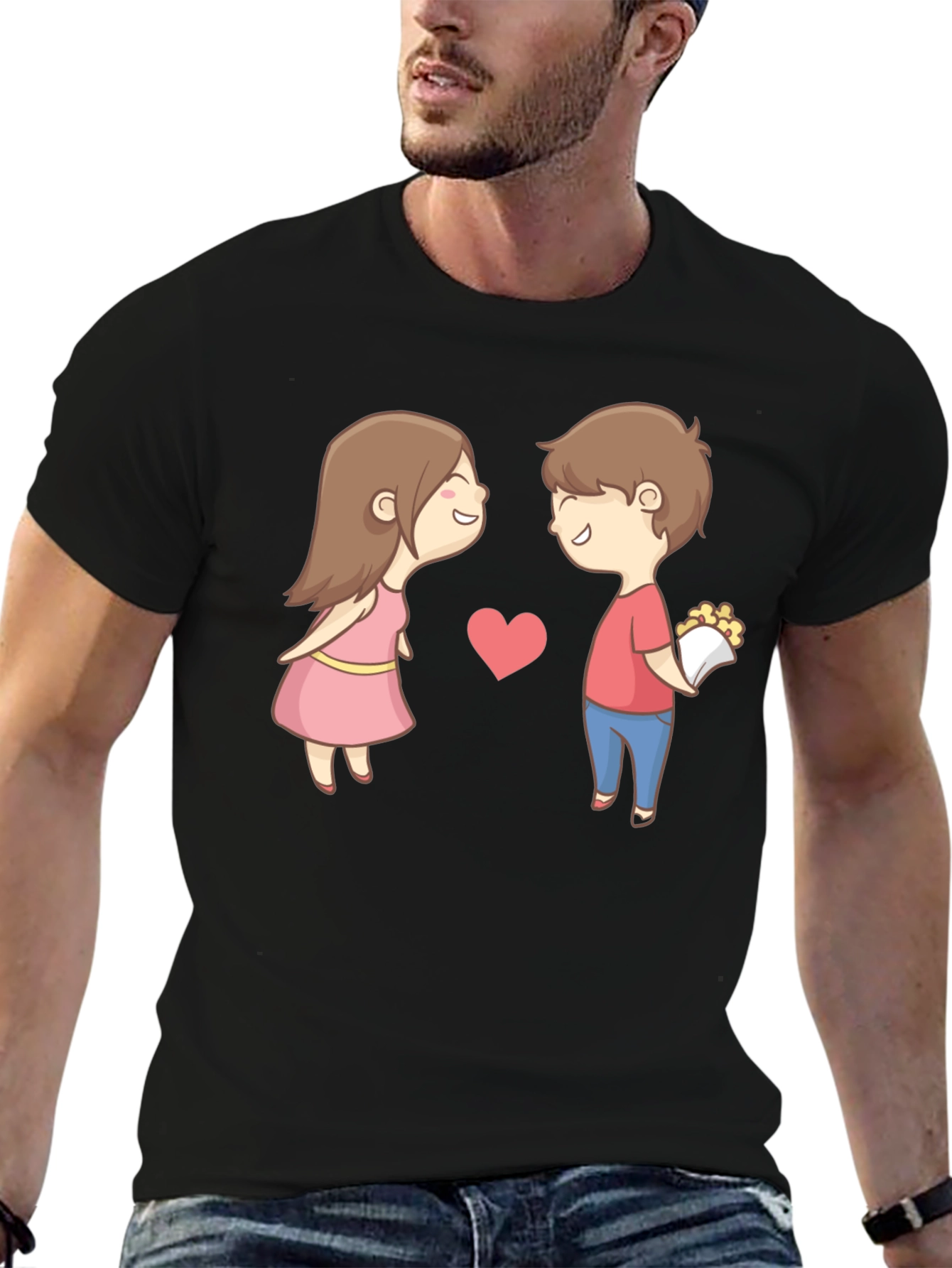 Cute Cartoon Couple Graphic Tee - Black