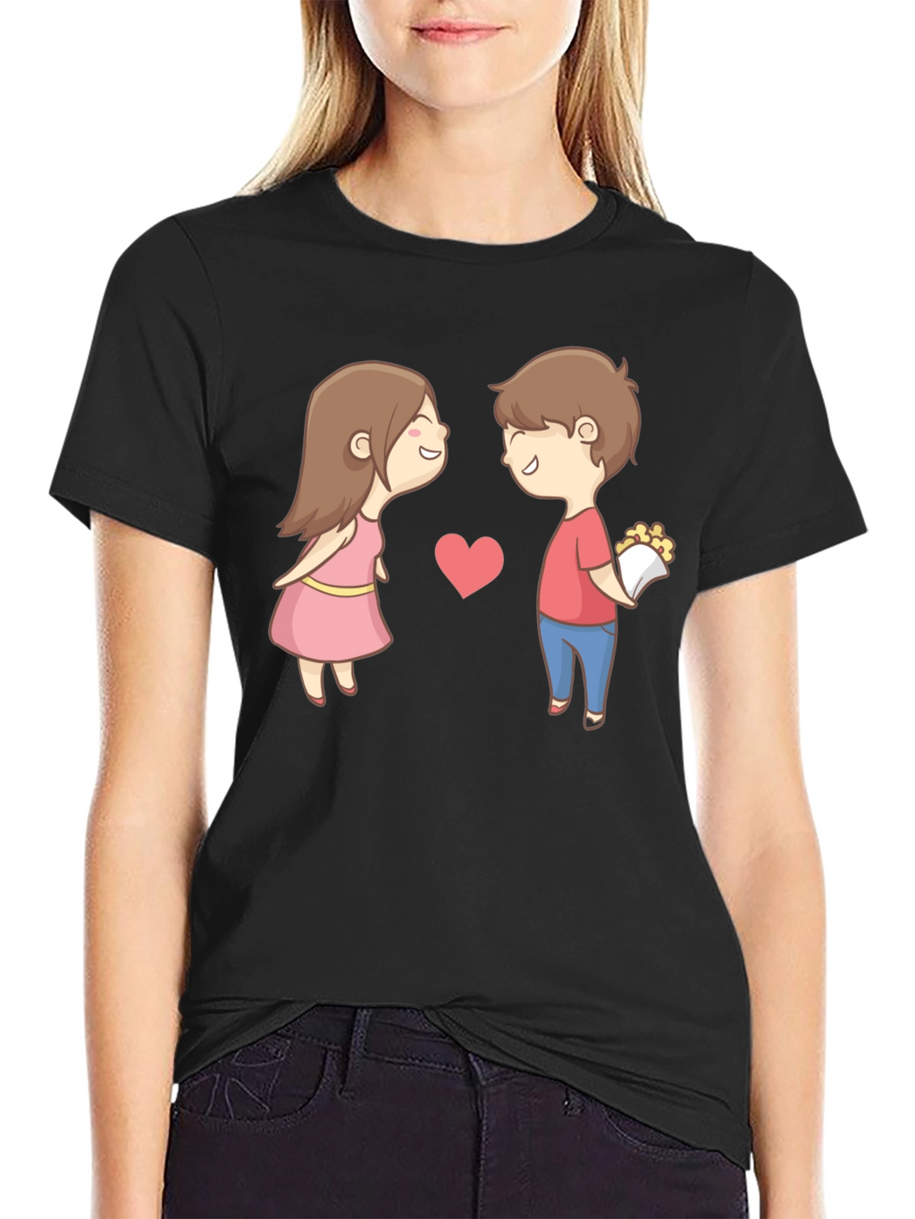 Cute Cartoon Couple Graphic Tee - Black