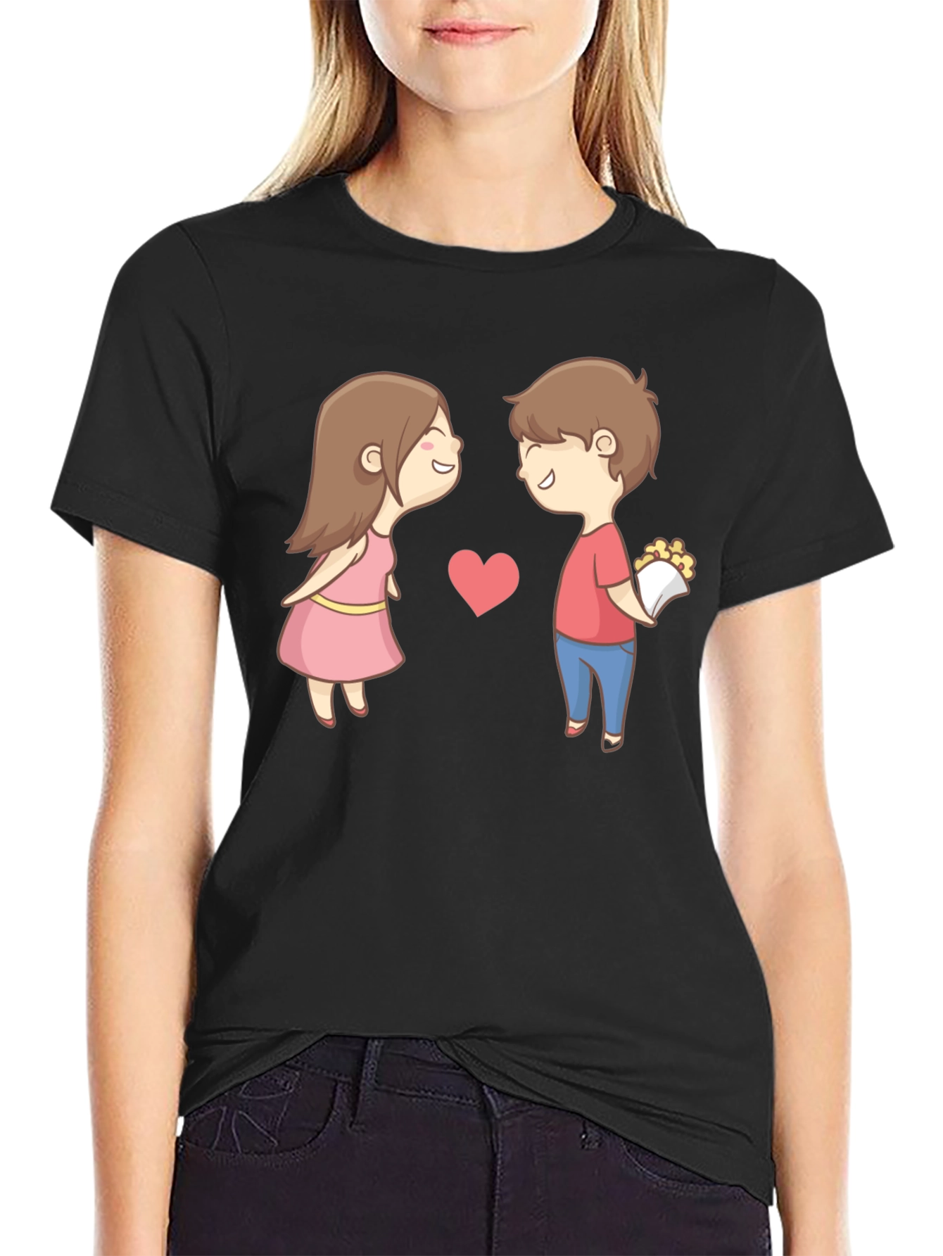 Cute Cartoon Couple Graphic Tee - Black
