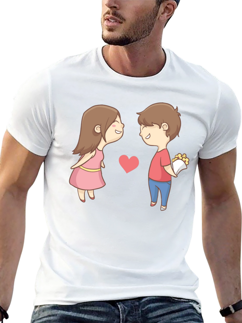 Cute Cartoon Couple Graphic Tee - Black