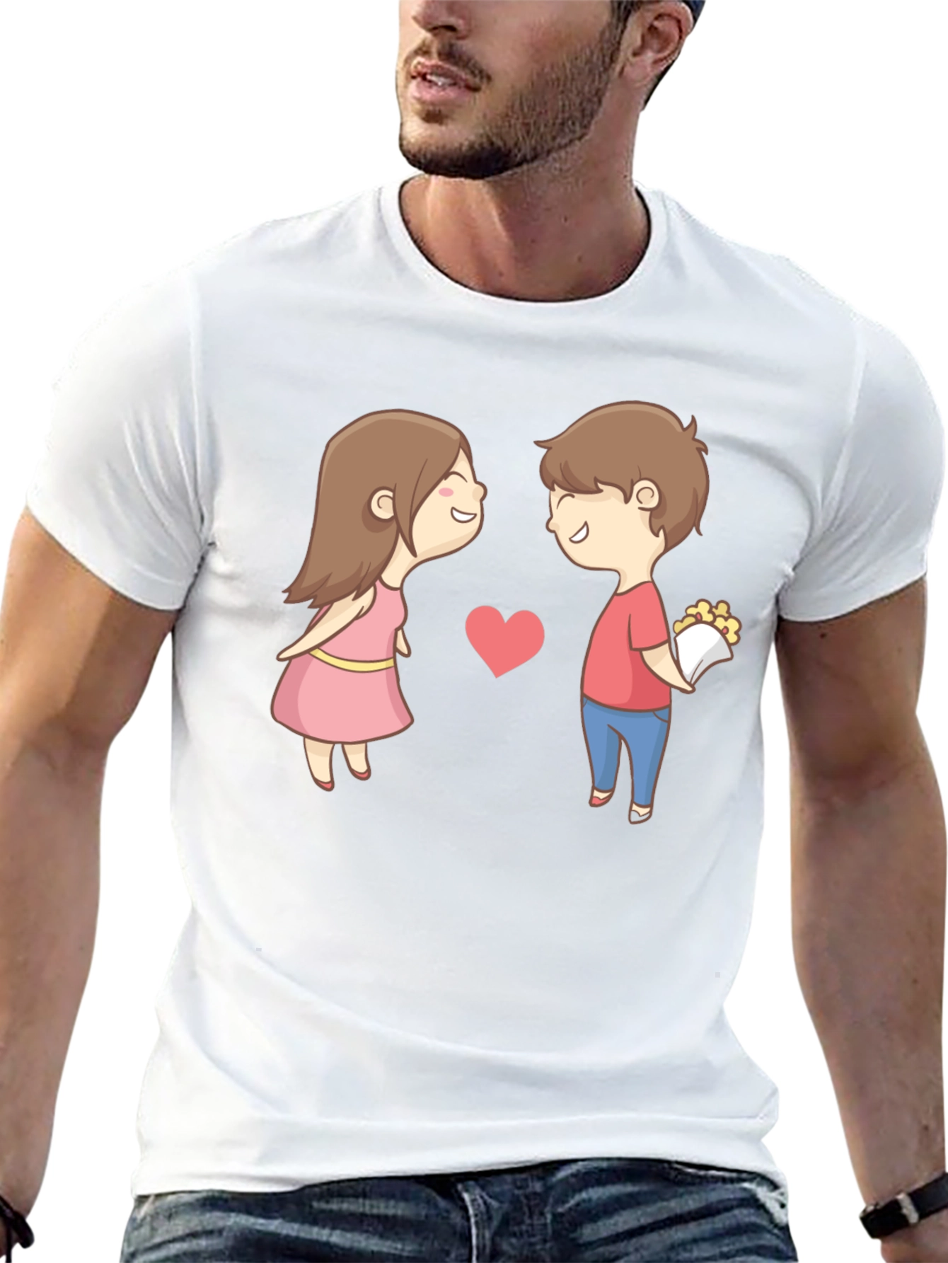 Cute Cartoon Couple Graphic Tee - Black