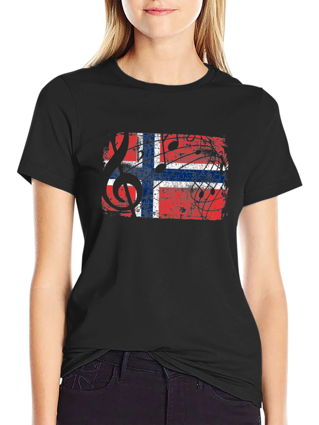 Norway Flag Music Notes Graphic Black T-Shirt
