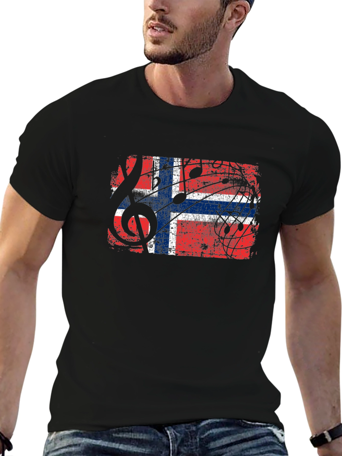 Norway Flag Music Notes Graphic Black T-Shirt