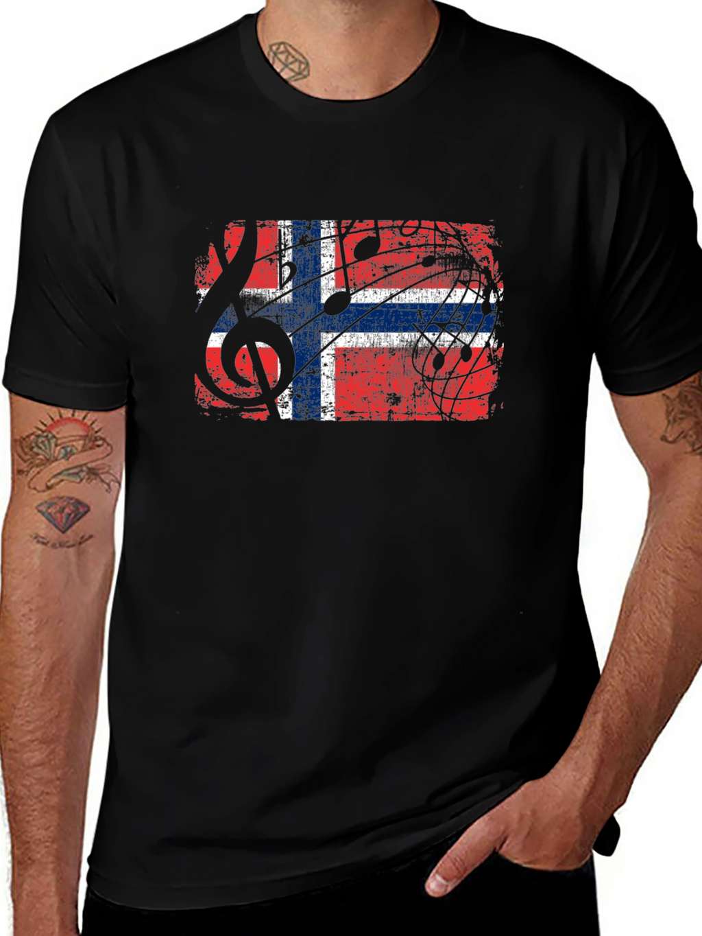 Norway Flag Music Notes Graphic Black T-Shirt