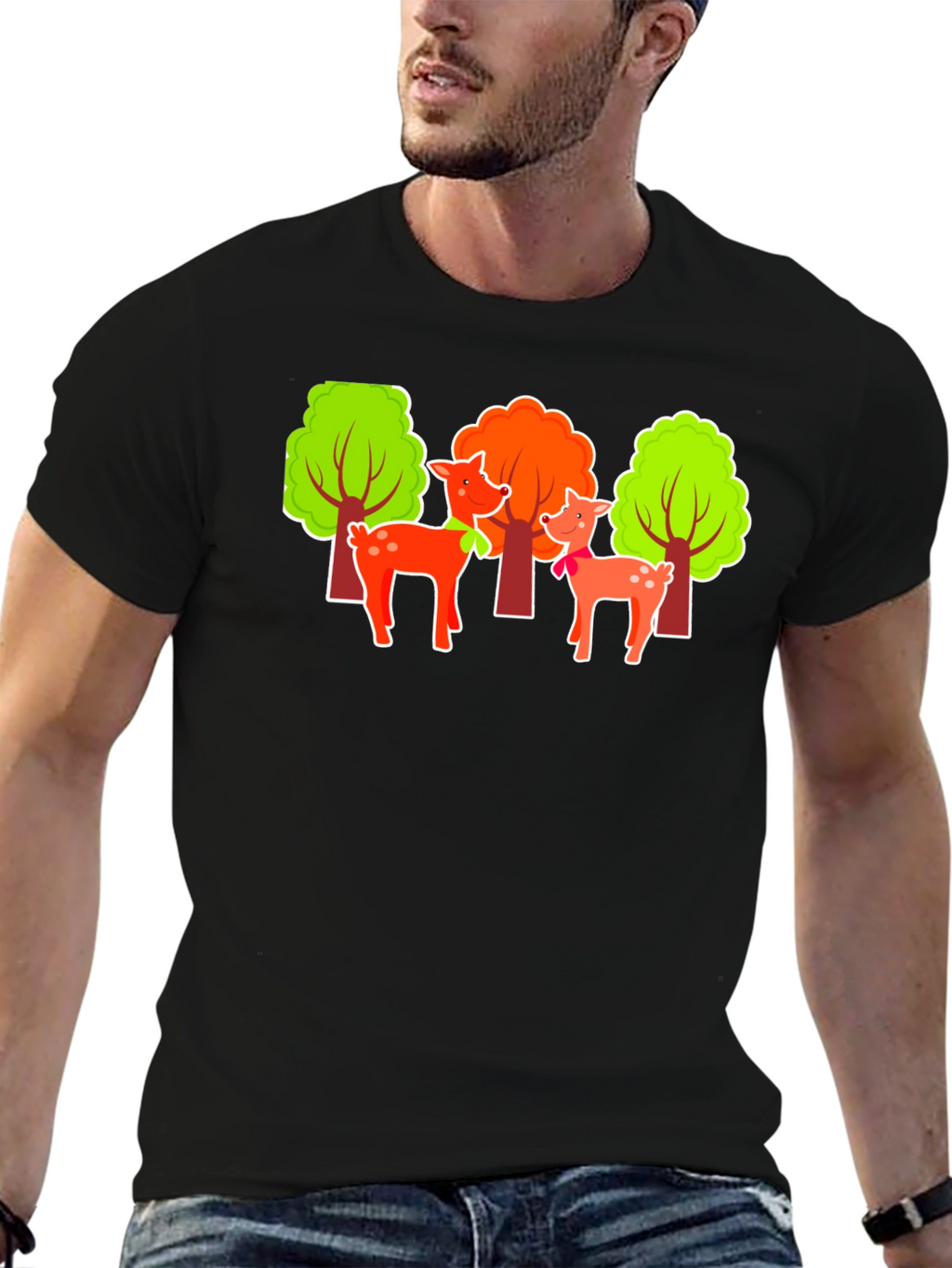 Deer & Trees Graphic Black T-Shirt