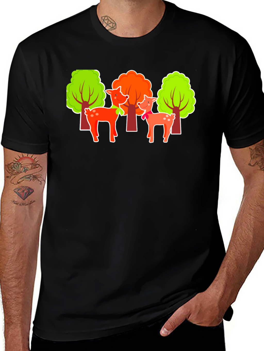 Deer & Trees Graphic Black T-Shirt