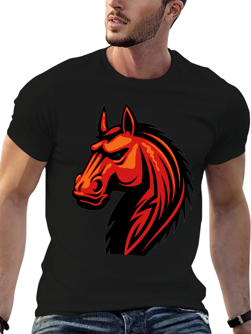Mens Black T-Shirt with Horse Graphic