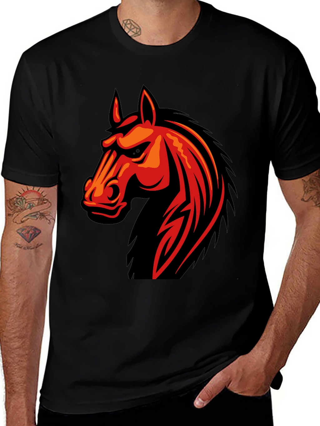 Mens Black T-Shirt with Horse Graphic