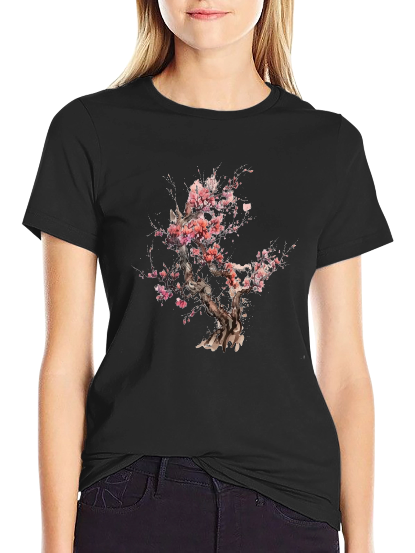 Cherry Blossom Tree Graphic Black T-Shirt