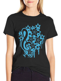 Black Tee with Treble Clef Stars & Flowers Graphic