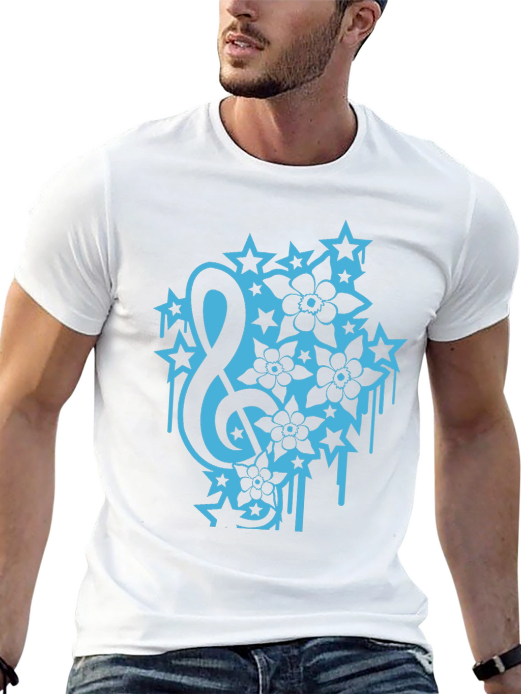 Black Tee with Treble Clef Stars & Flowers Graphic