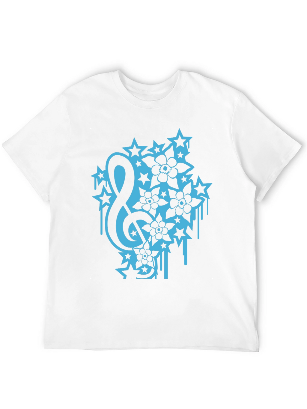 Black Tee with Treble Clef Stars & Flowers Graphic
