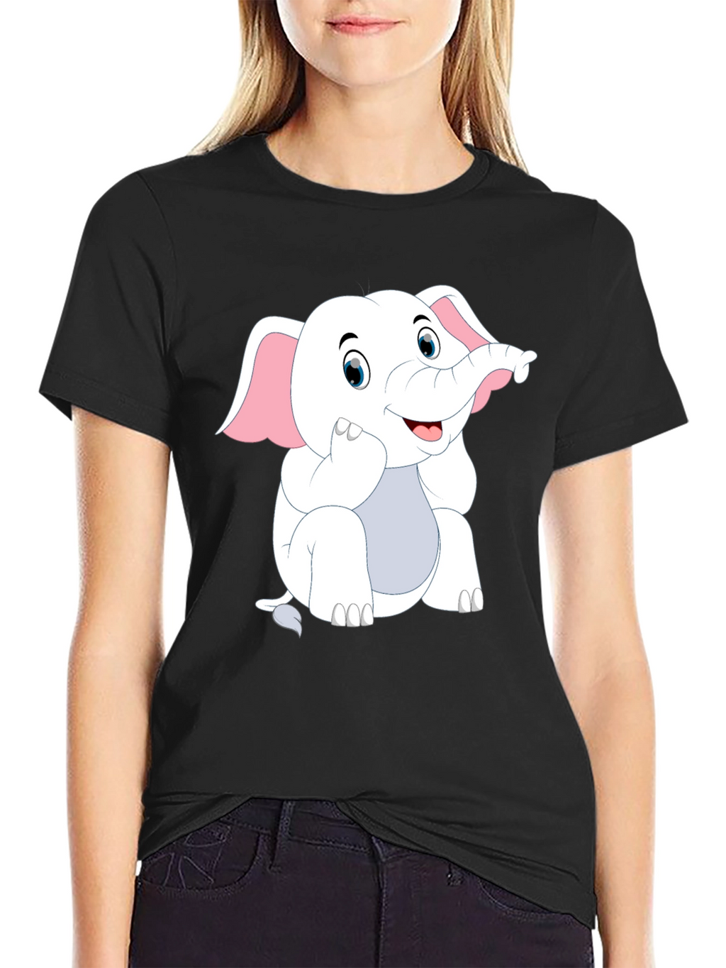 Black T-Shirt with Cute Cartoon Elephant Design