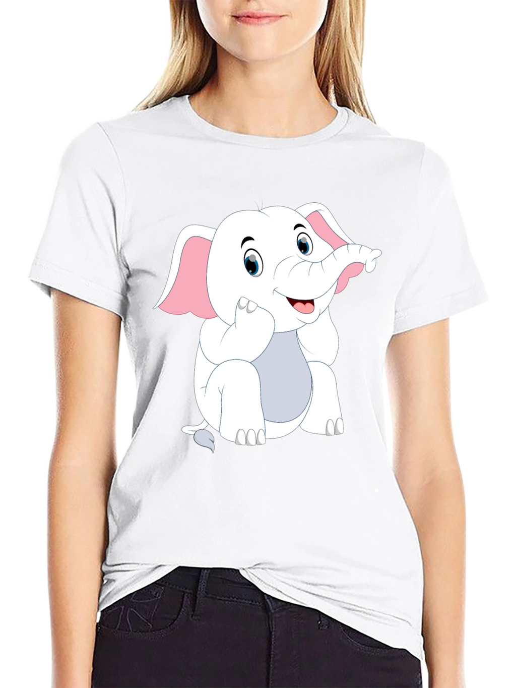 Black T-Shirt with Cute Cartoon Elephant Design