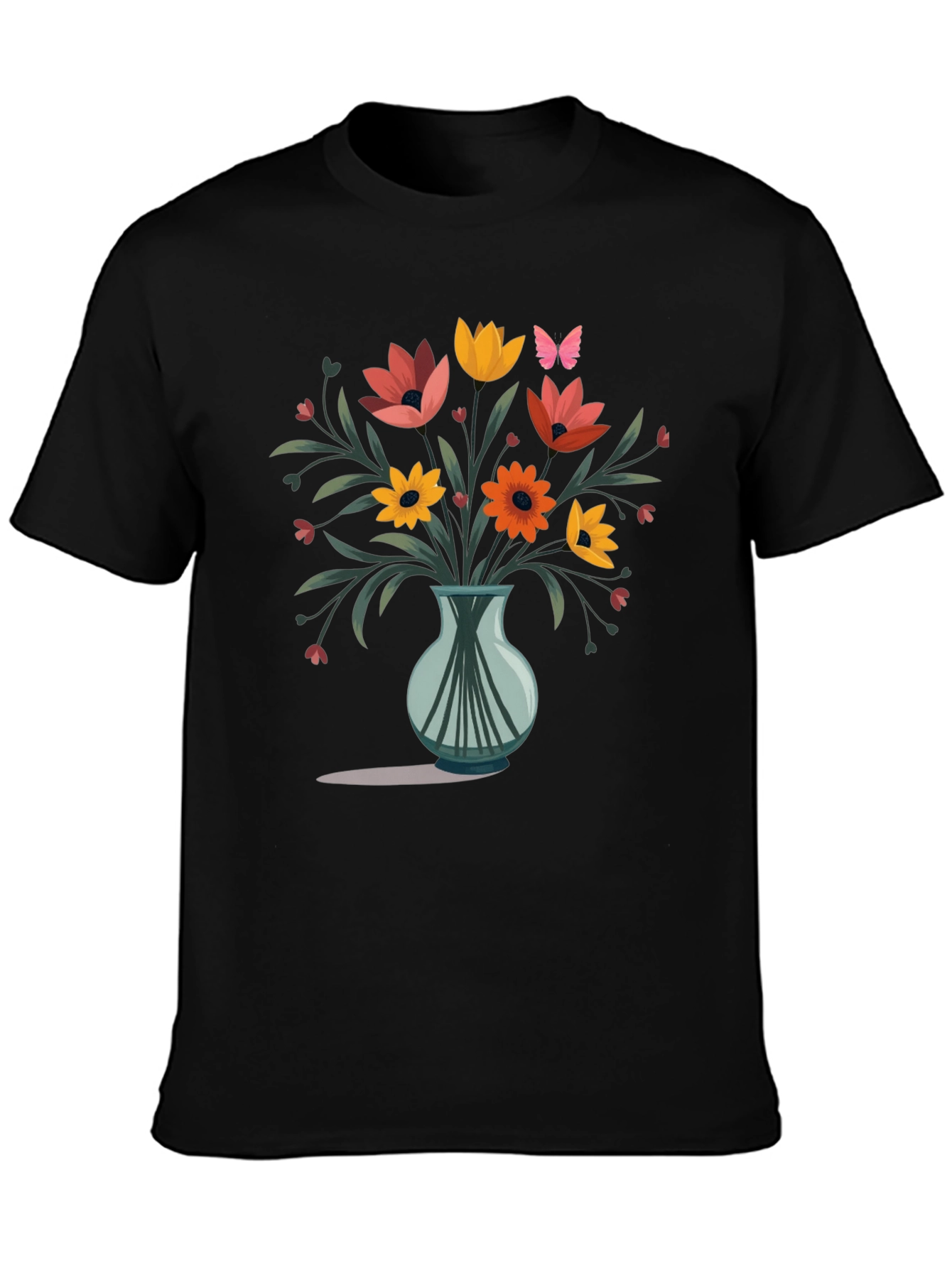 Floral Vase Graphic Print Mens Black T-Shirt