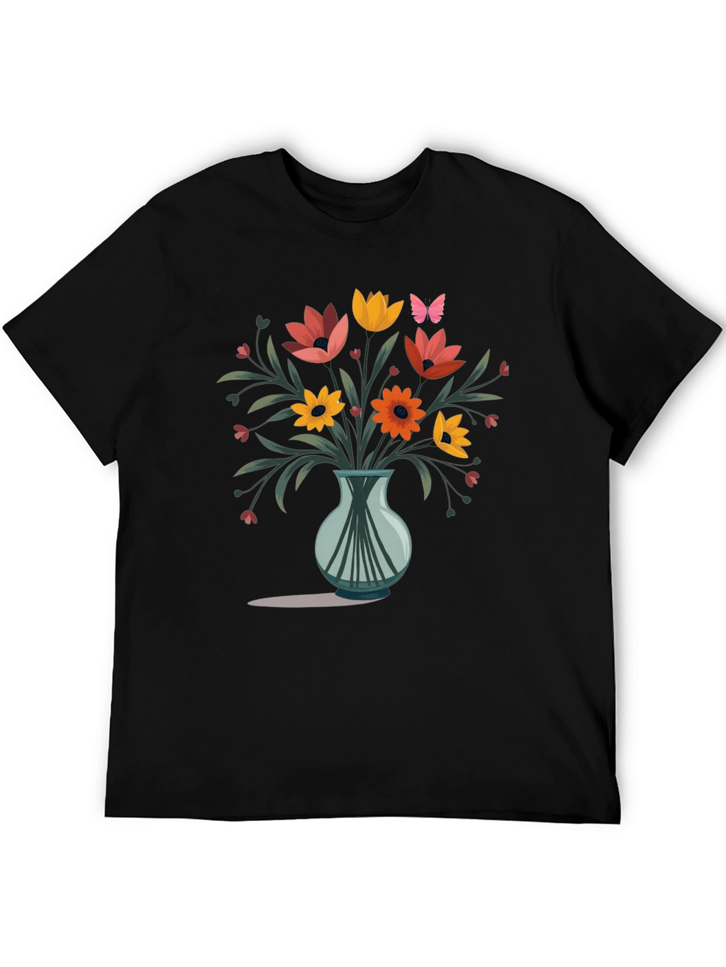 Floral Vase Graphic Print Mens Black T-Shirt