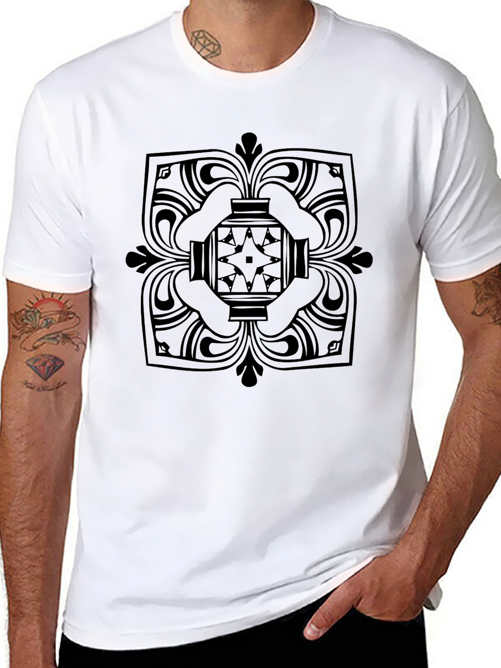 Black T-Shirt with Geometric Medallion Design