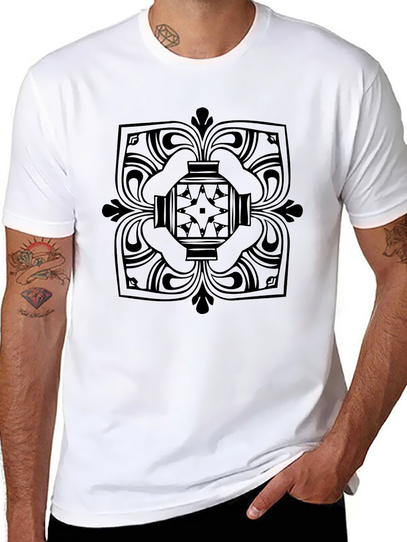 Black T-Shirt with Geometric Medallion Design