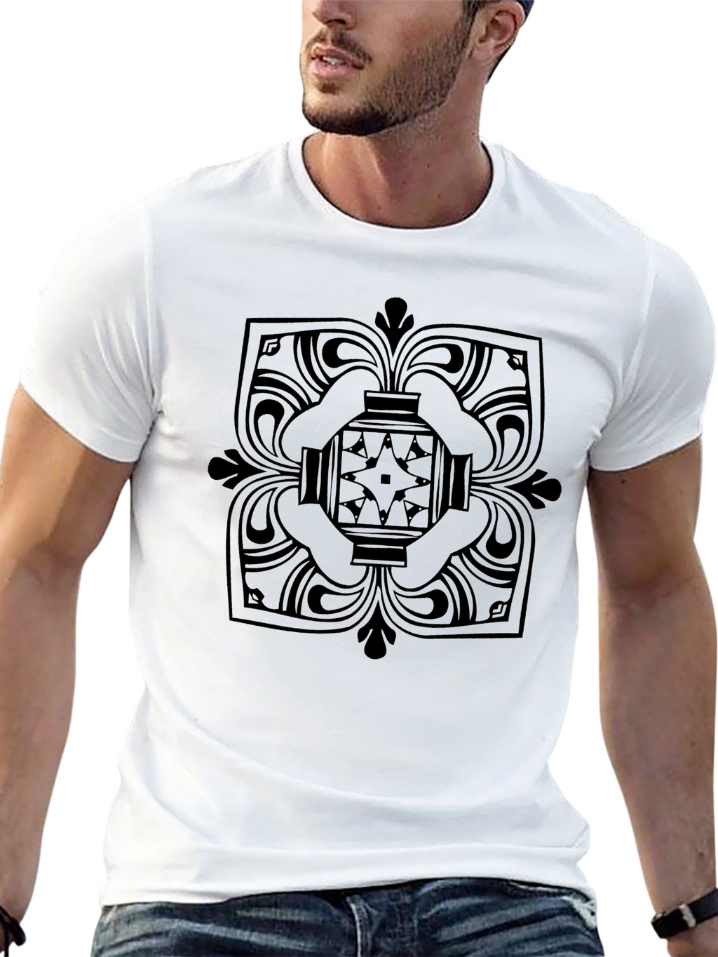 Black T-Shirt with Geometric Medallion Design