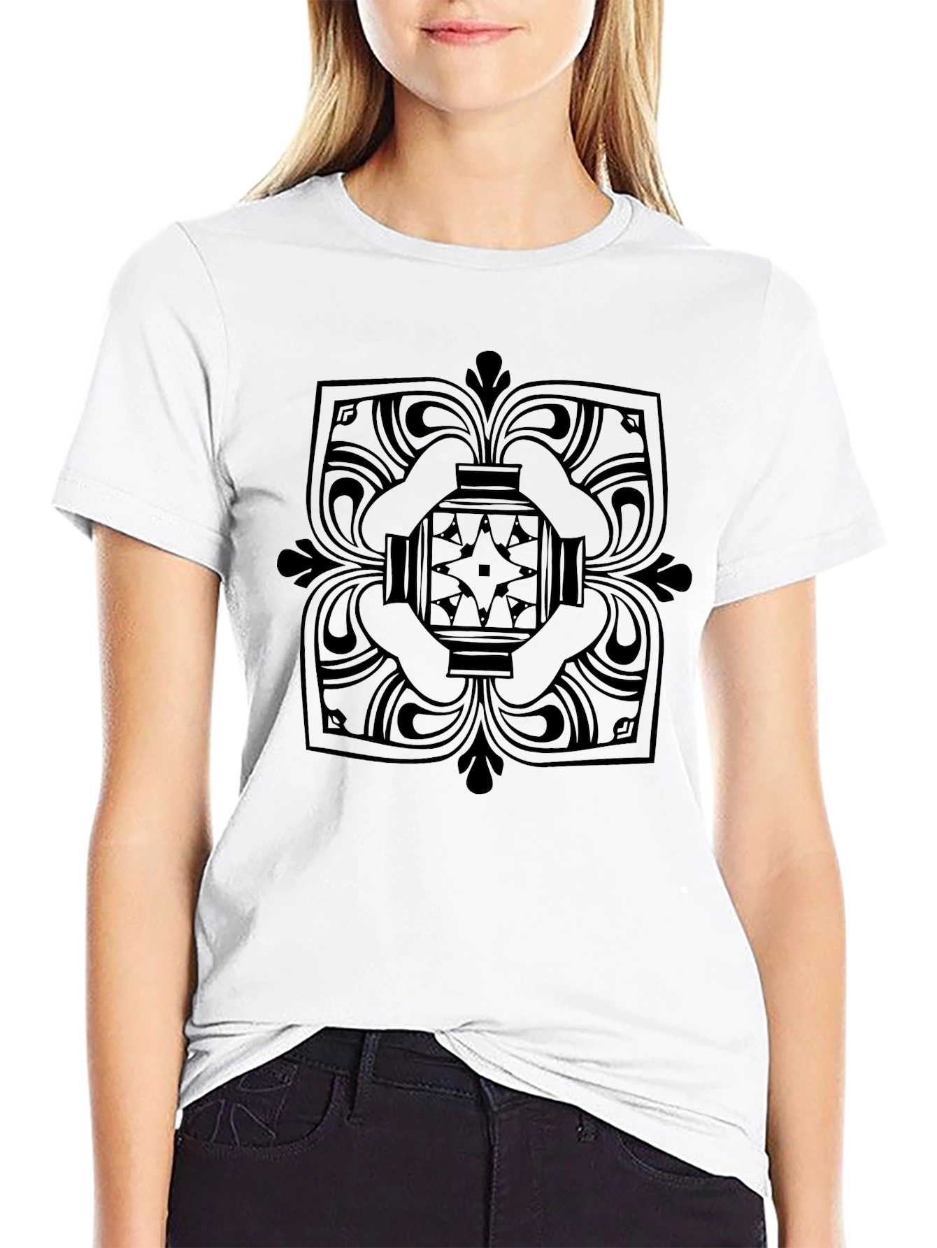 Black T-Shirt with Geometric Medallion Design