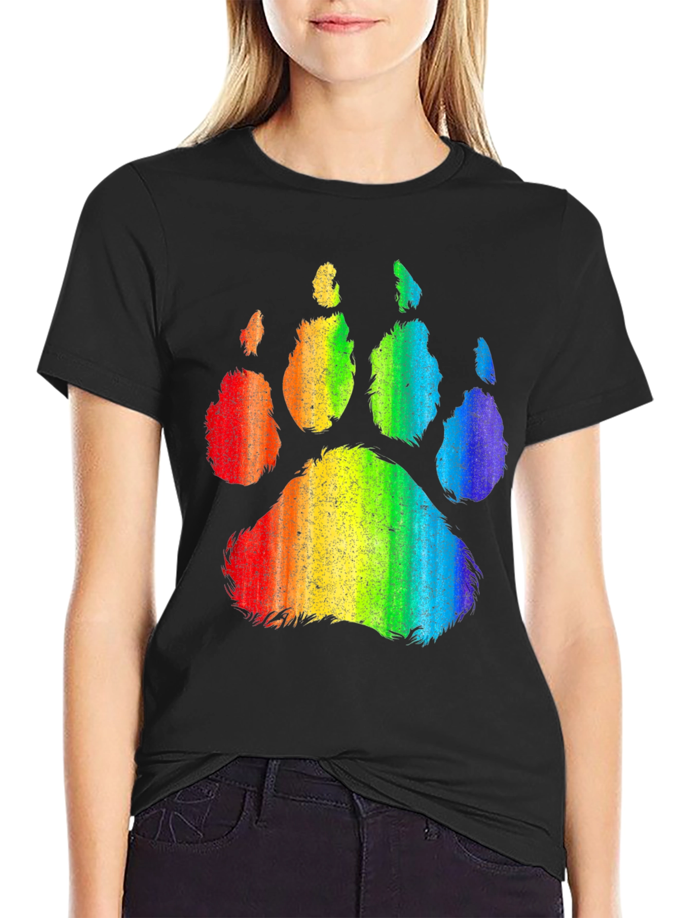 Rainbow Paw Print Graphic Tee - Black