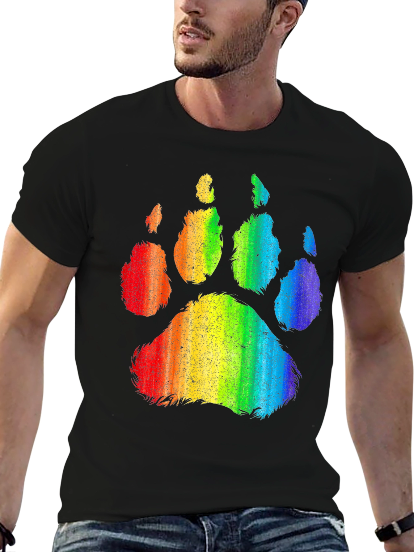 Rainbow Paw Print Graphic Tee - Black