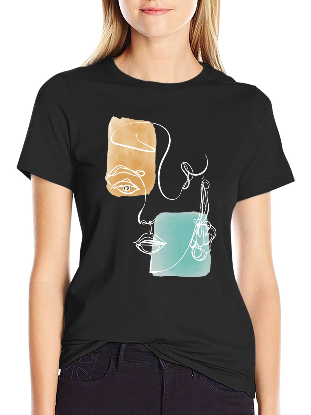 Abstract Face Graphic Print Black T-Shirt