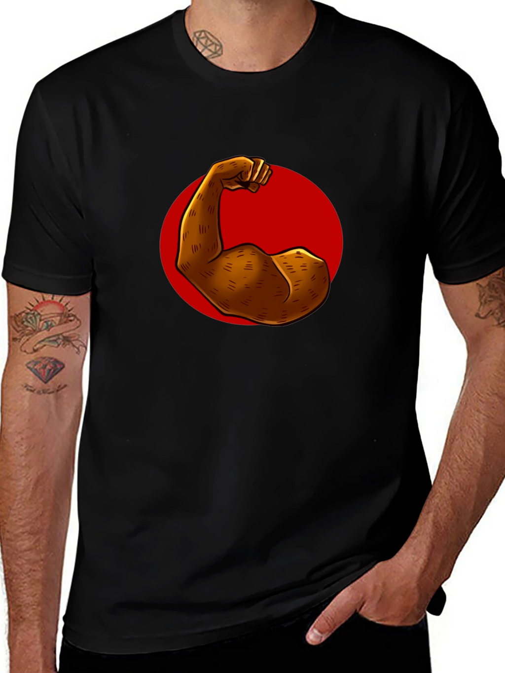 Flex Power Black T-Shirt: Illustrated Arm Design