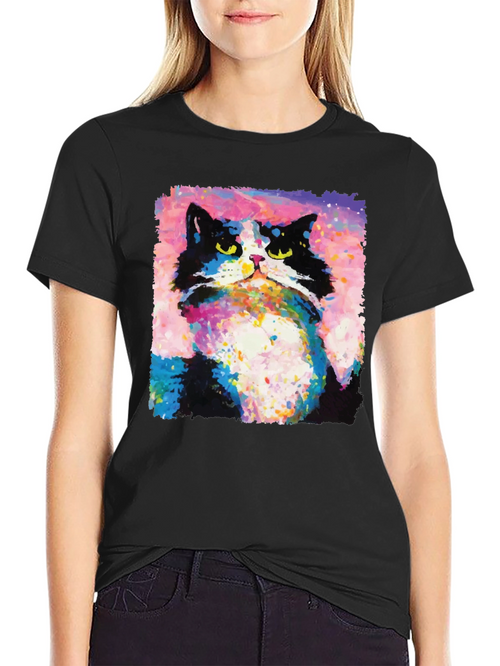 Abstract Cat Graphic Print Crew Neck T-Shirt