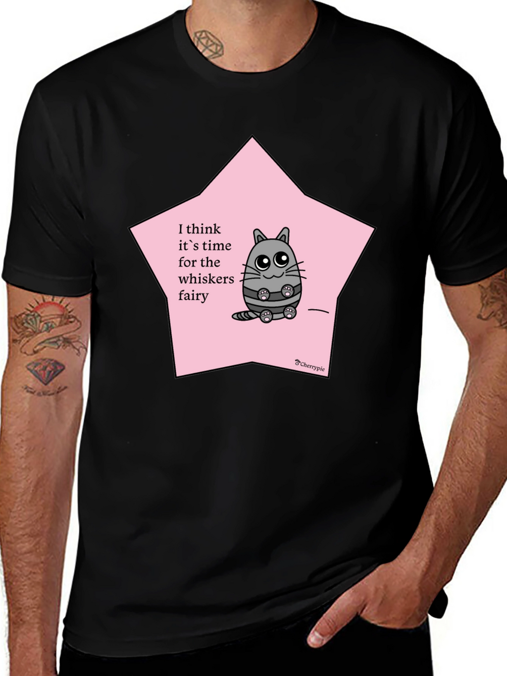 Whimsical Cat Whisker Fairy Black T-Shirt