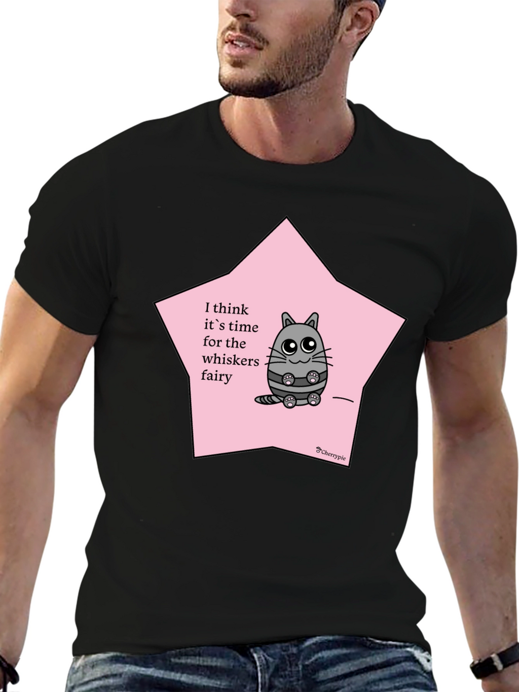 Whimsical Cat Whisker Fairy Black T-Shirt