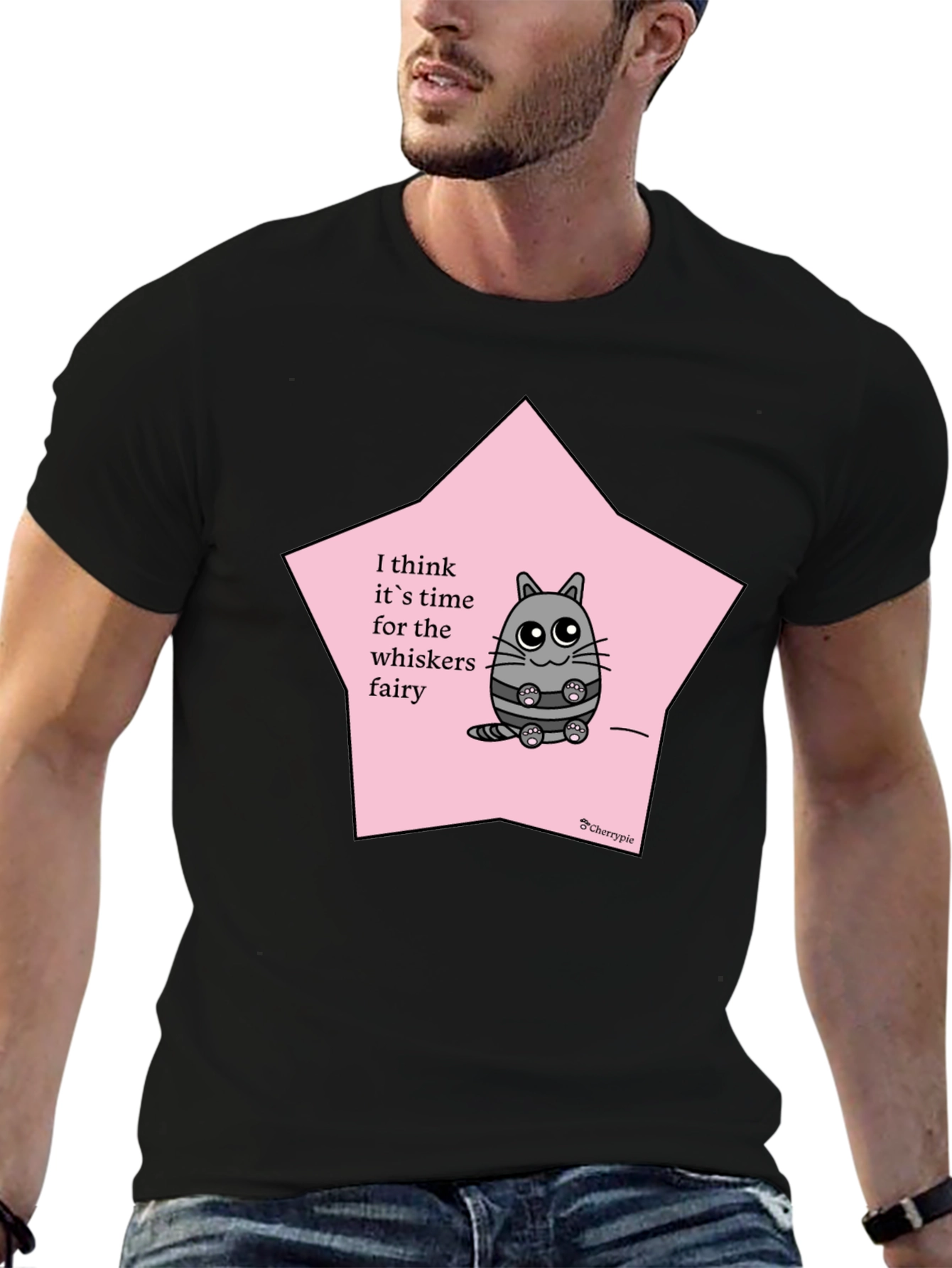 Whimsical Cat Whisker Fairy Black T-Shirt