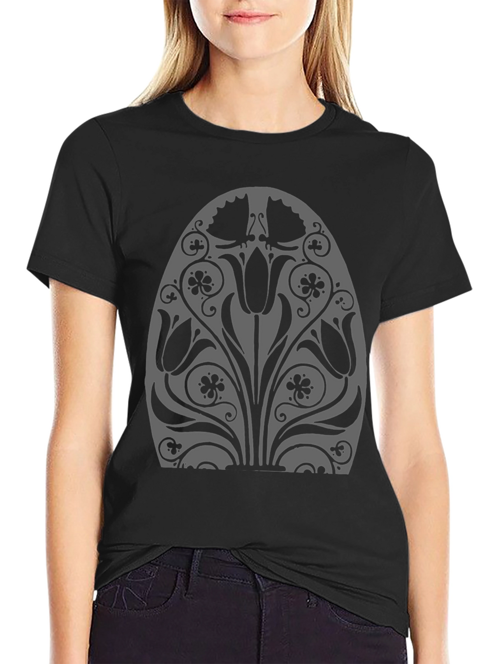 Floral Tulip Graphic Black T-Shirt