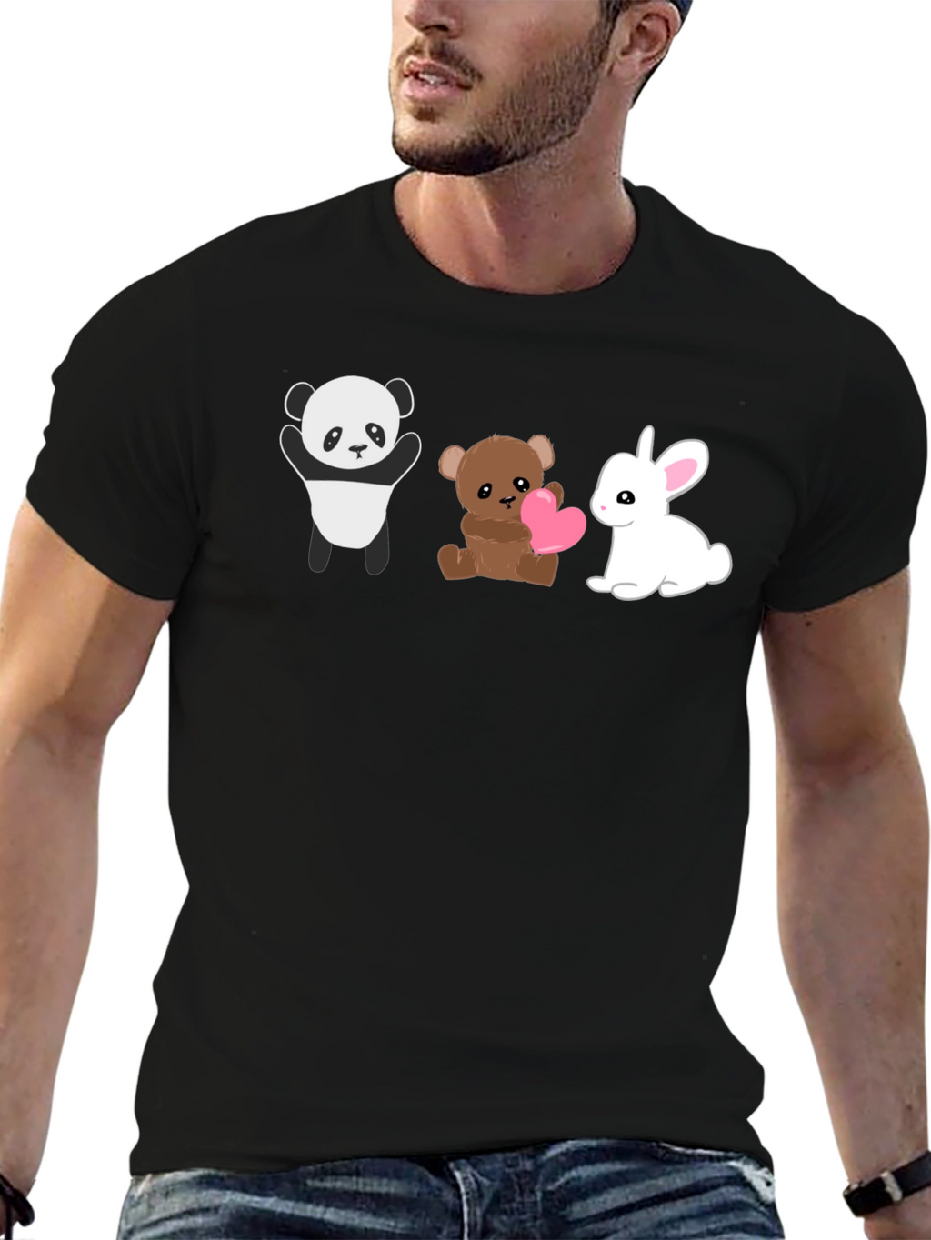 Cute Animal Trio Graphic Tee - Panda Bear Bunny
