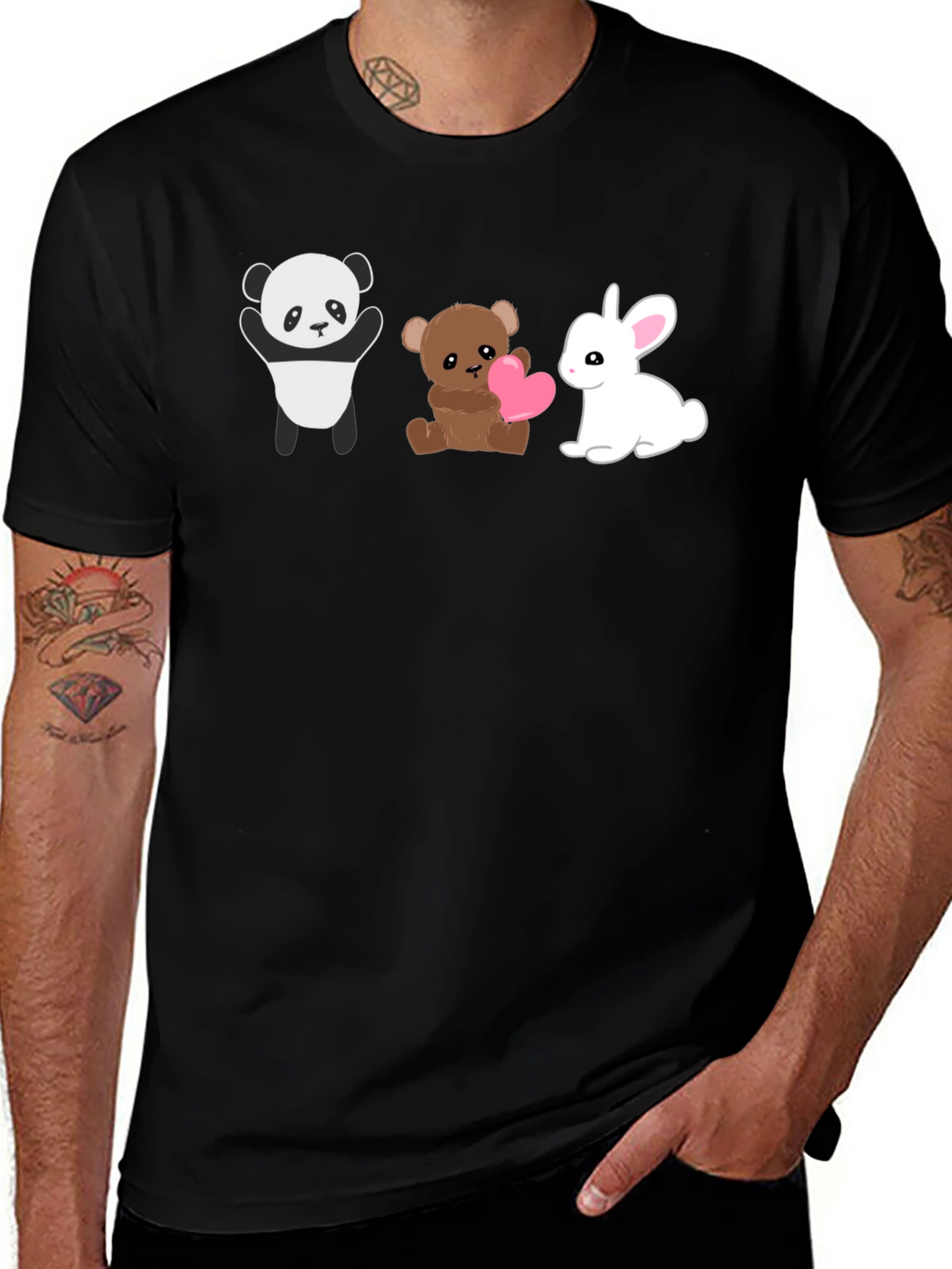 Cute Animal Trio Graphic Tee - Panda Bear Bunny