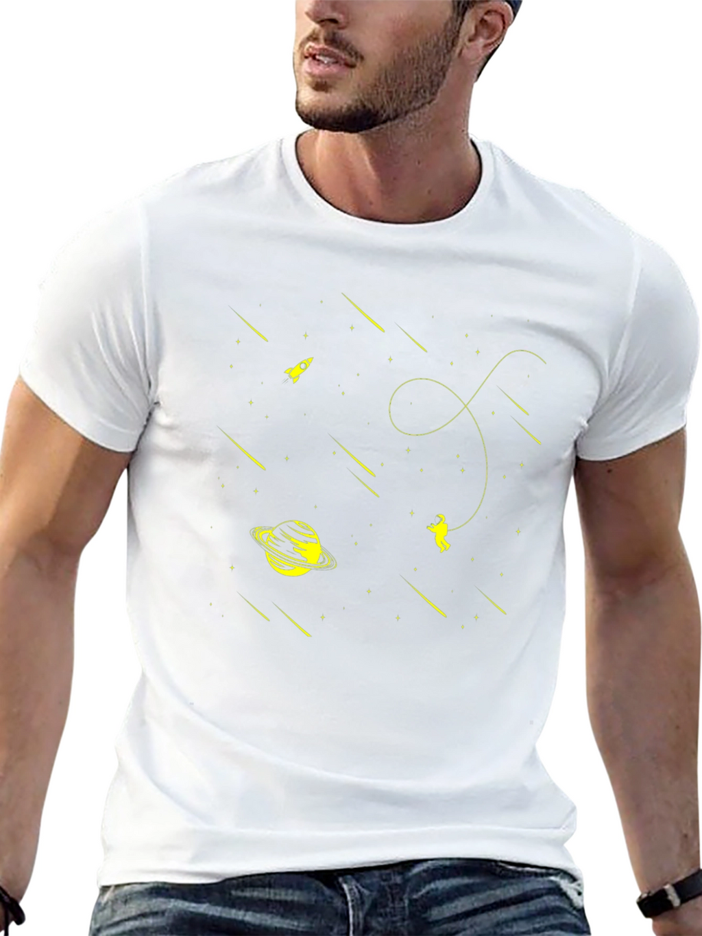 Space Explorer Black T-Shirt: Rocket Planet Astronaut Design