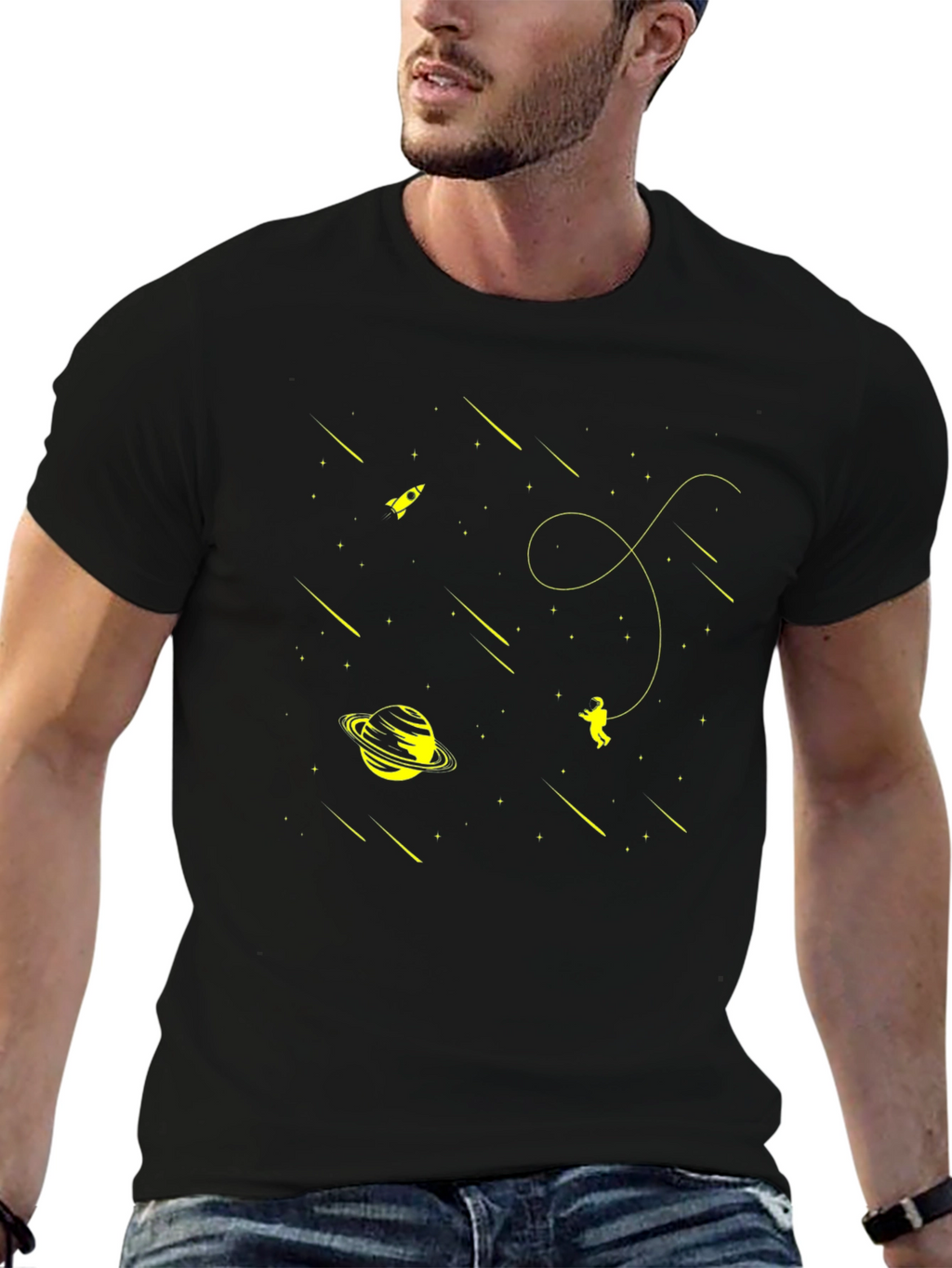 Space Explorer Black T-Shirt: Rocket Planet Astronaut Design